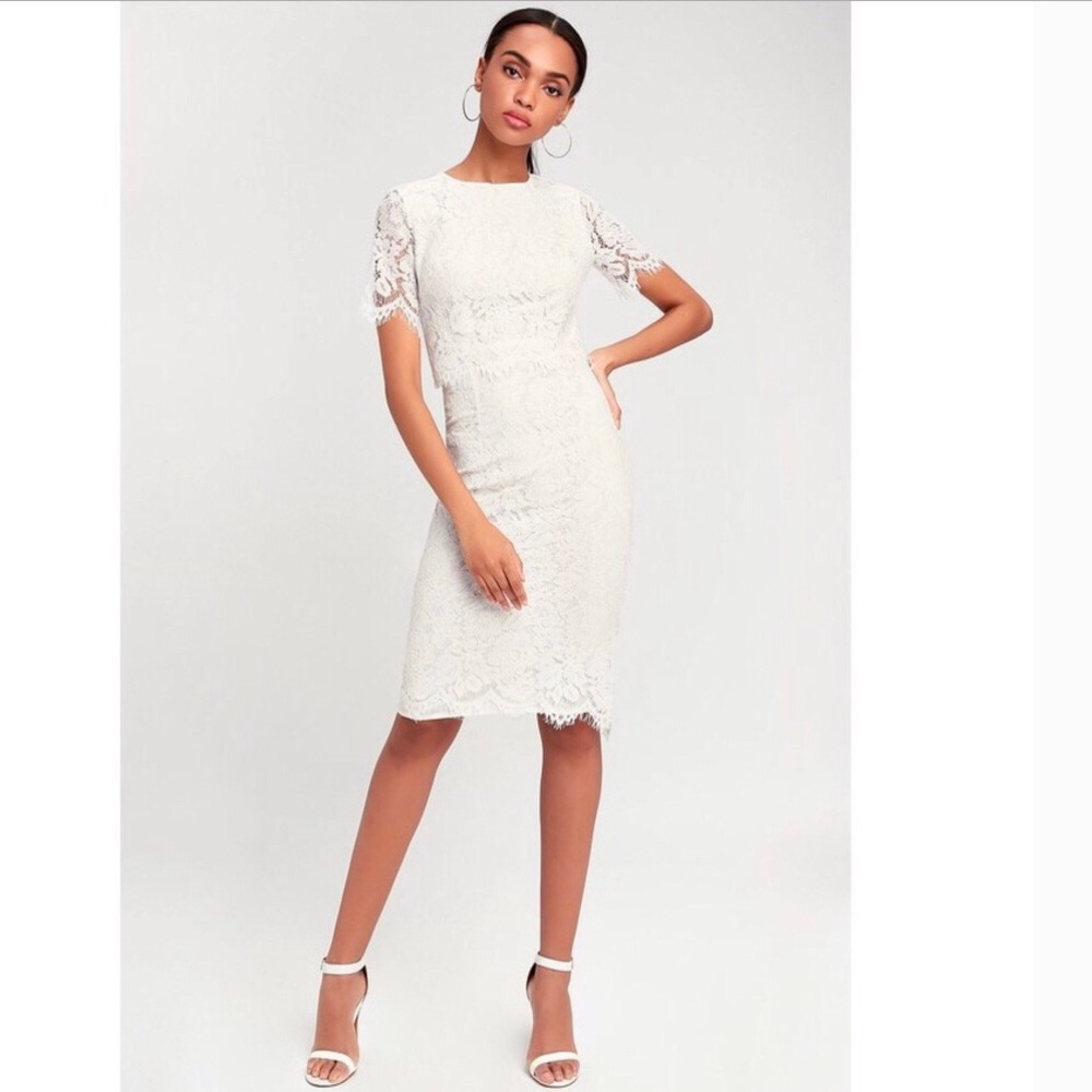 Lulus White Eyelash Lace Devotion Midi Dress Short Sleeve  LWD Bridal Shower